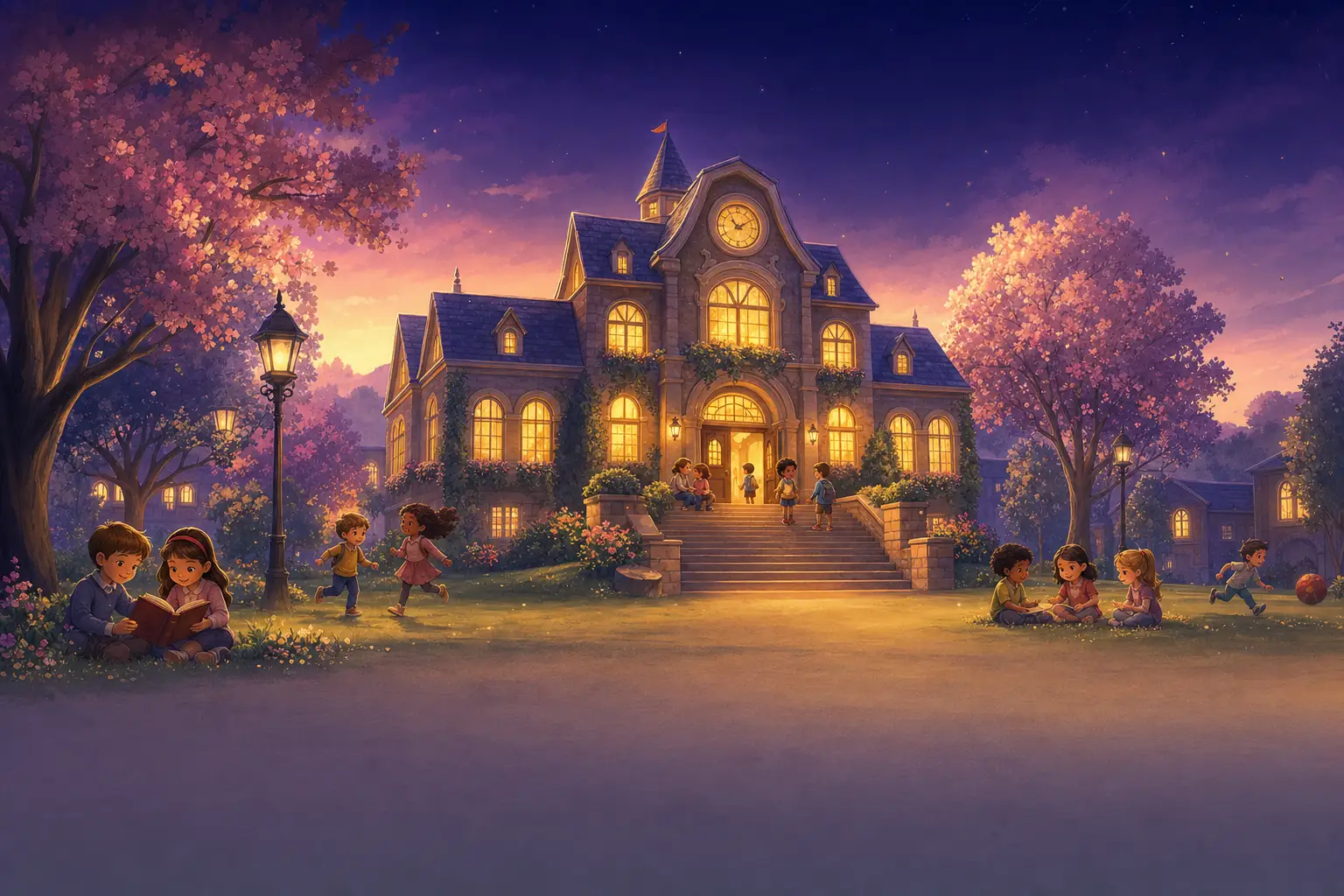 Illustration of the TISA school building at dusk with children reading and playing on the lawn