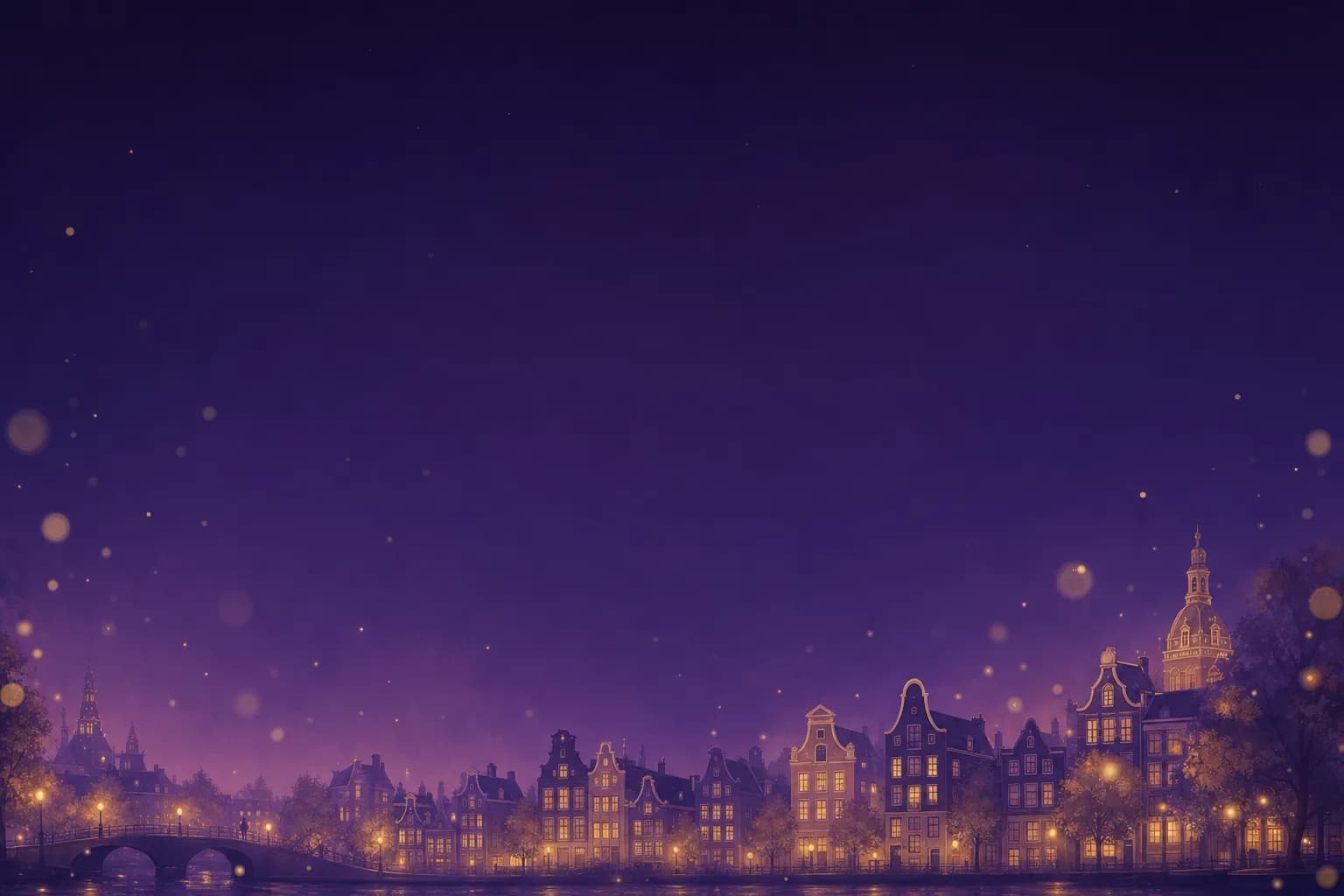 Illustration: city rooftops glowing at night under a purple sky