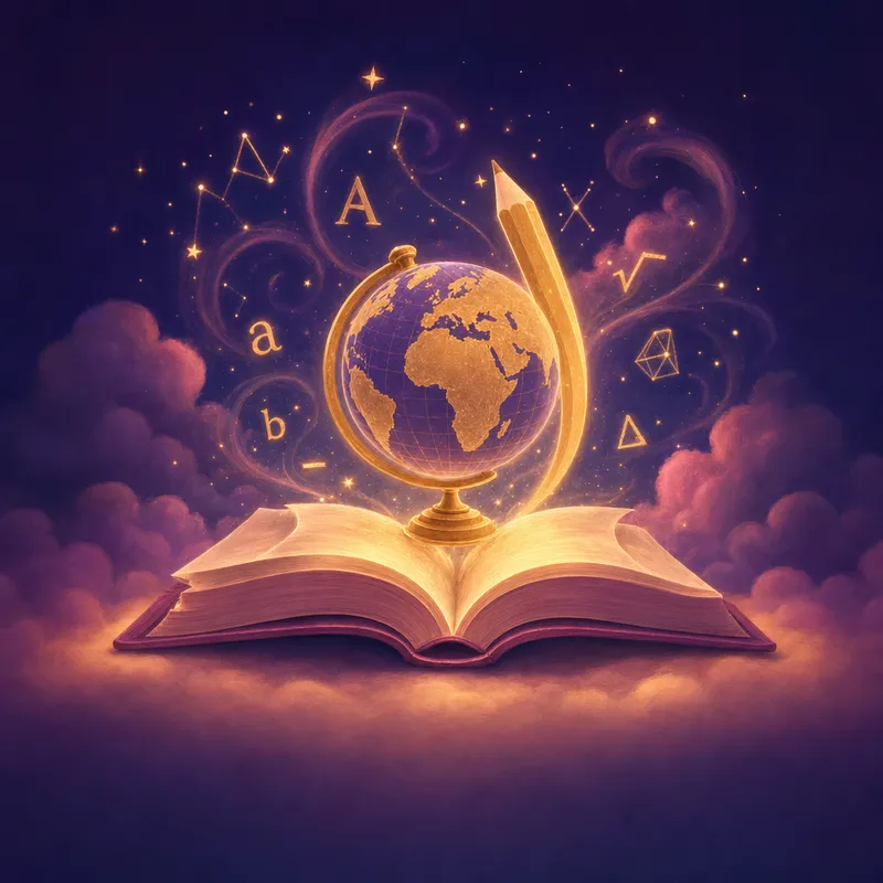 Illustration: a glowing globe and pencil resting on an open book