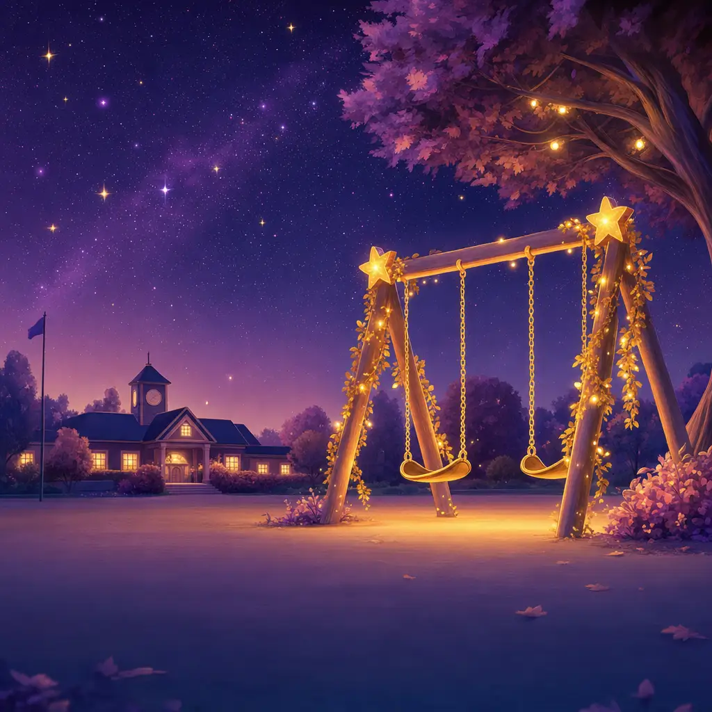 Illustration of a glowing swing set under a starry purple sky