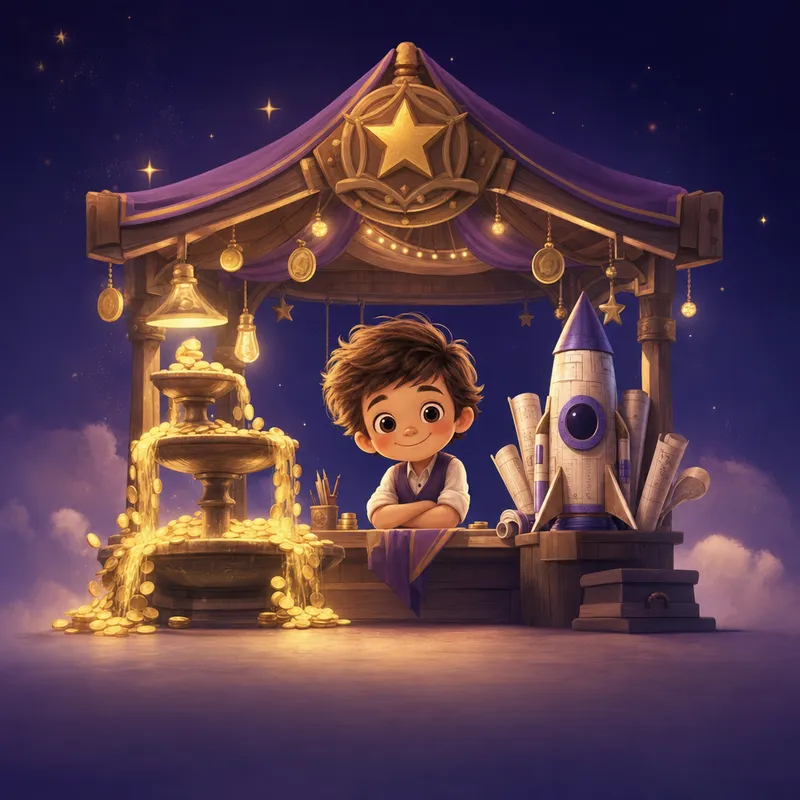 Illustration: a storybook child at a gold-coin market stall with a rocket