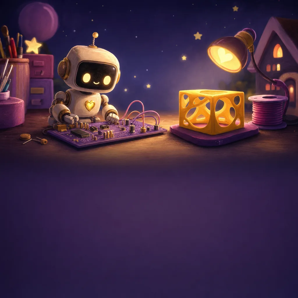 Illustration of a small robot and circuit board glowing on a workbench