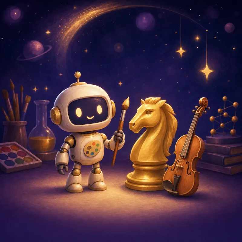 Illustration: a robot with a paintbrush beside a chess knight and violin