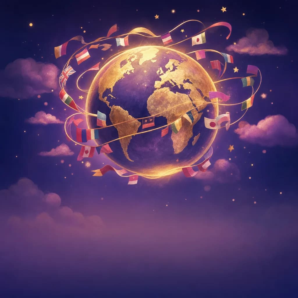 Illustration of a glowing globe circled by small flags and ribbons