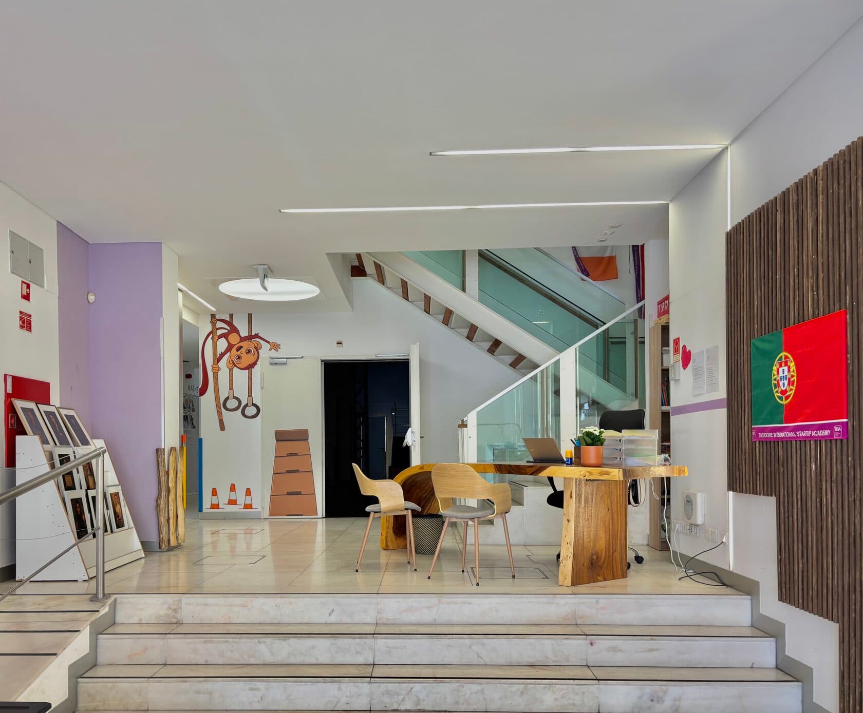 TISA Lisbon school reception with marble steps and the Portuguese flag